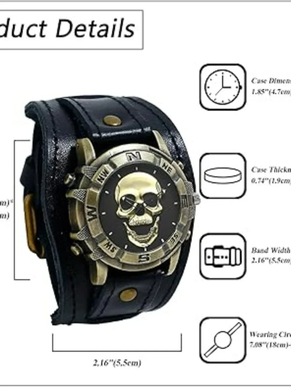 Men's Leather‎ Skull Watch Black Cuff Style Punk Goth Rock Wide Band NEW